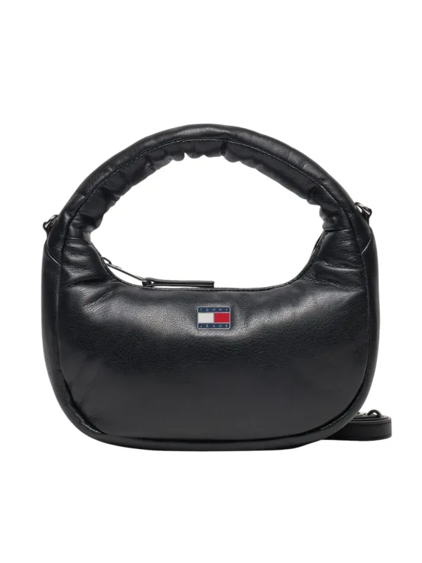 Schwarze Lederhandtasche mit gebogenem Griff