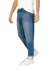 Distressed straight-leg blue denim jeans