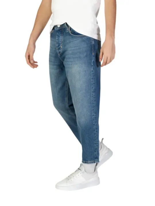 Distressed straight-leg blue denim jeans