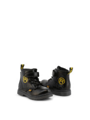 Schwarze Lederstiefel mit gelbem Logo