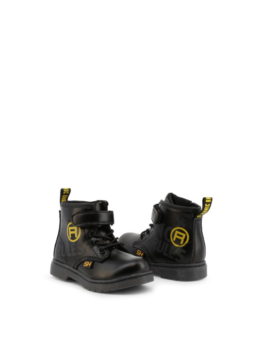 Schwarze Lederstiefel mit gelbem Logo