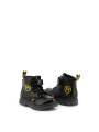 Schwarze Lederstiefel mit gelbem Logo
