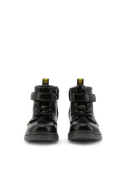 Schwarze Lederstiefeletten mit gelbem Detail