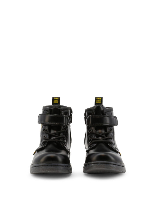 Schwarze Lederstiefeletten mit gelbem Detail