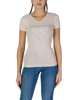Rosa Guess Logo V-Ausschnitt T-Shirt