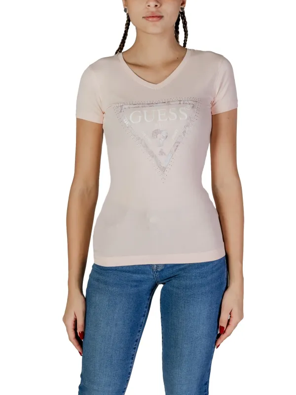 Rosa Guess Logo V-Ausschnitt T-Shirt Rosa Guess Logo V-Ausschnitt T-Shirt
