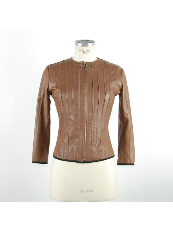 Jackets & Coats Chic Brown Leather Jacket with Slim Fit 560,00 € 8050246660638 | Planet-Deluxe