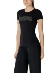 Schwarzes Baumwoll-T-Shirt mit Strasslogo