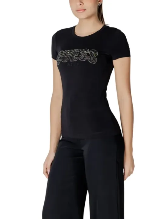 Schwarzes Baumwoll-T-Shirt mit Strasslogo