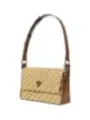 Beige gestreifte Guess Schultertasche mit Logo.