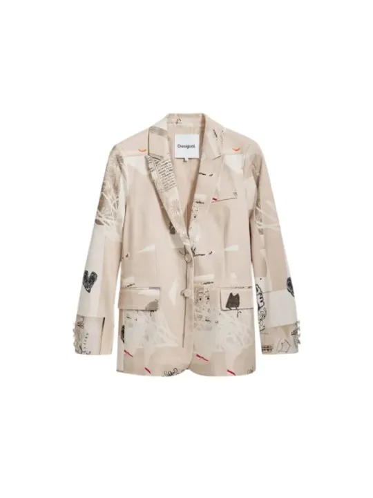 Cremefarbener Seidenblazer mit rotem Applikation