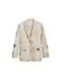 Cremefarbener Seidenblazer mit rotem Applikation