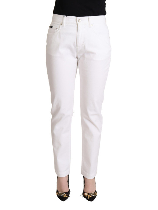 Jeans & Pants Chic White Tapered Denim Jeans with Logo Patch 700,00 € 8059226871408 | Planet-Deluxe