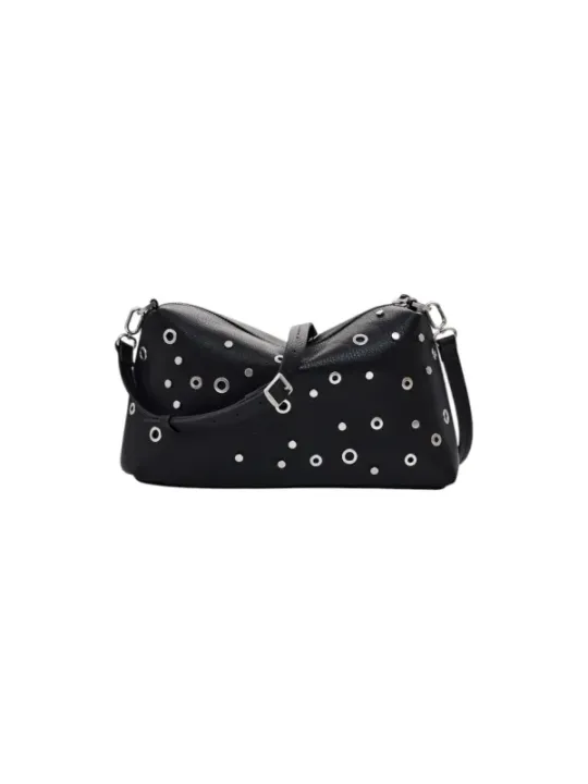 Schwarze Lederhandtasche mit Ösen.