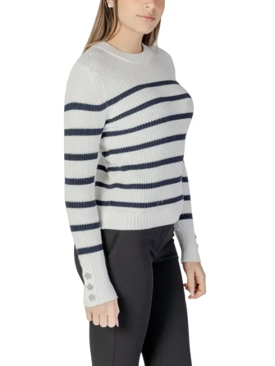 Gestreifter Damen Wollpullover Schwarz Weiß