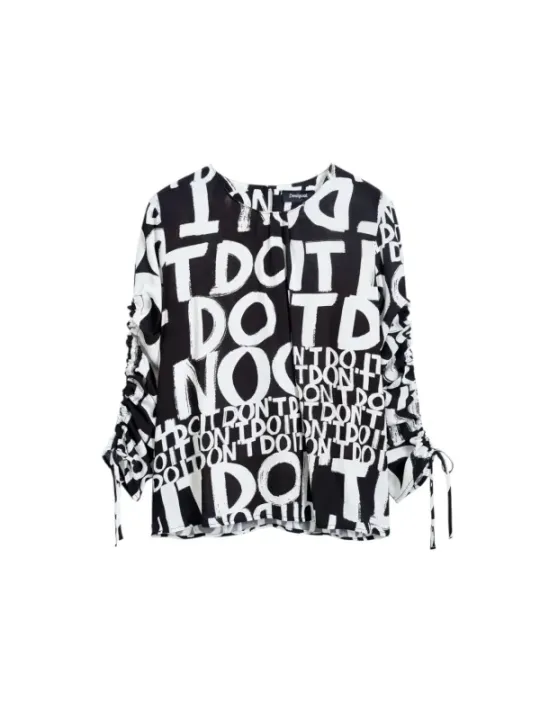 Schwarzes Weißes Textmuster Bluse Desigual