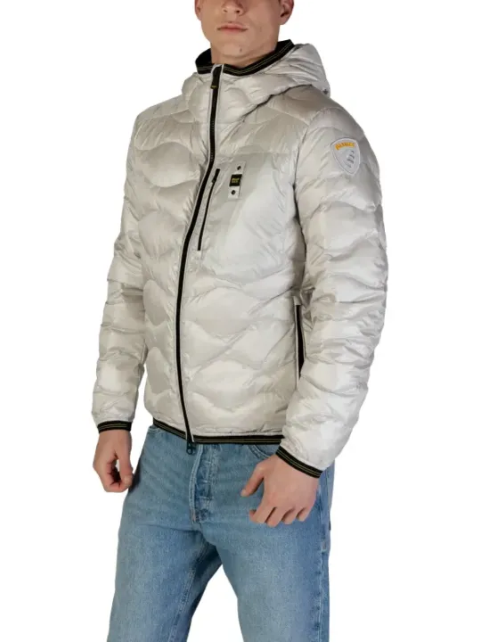 Weiße gesteppte blaue Pufferjacke