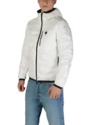 Weiße gesteppte blaue Pufferjacke mit Kapuze