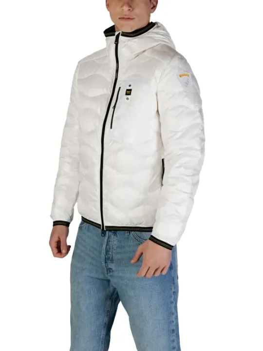 Weiße gesteppte blaue Pufferjacke mit Kapuze