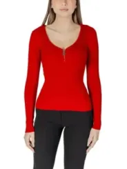 Roter V-Ausschnitt Reißverschluss Pullover Damen