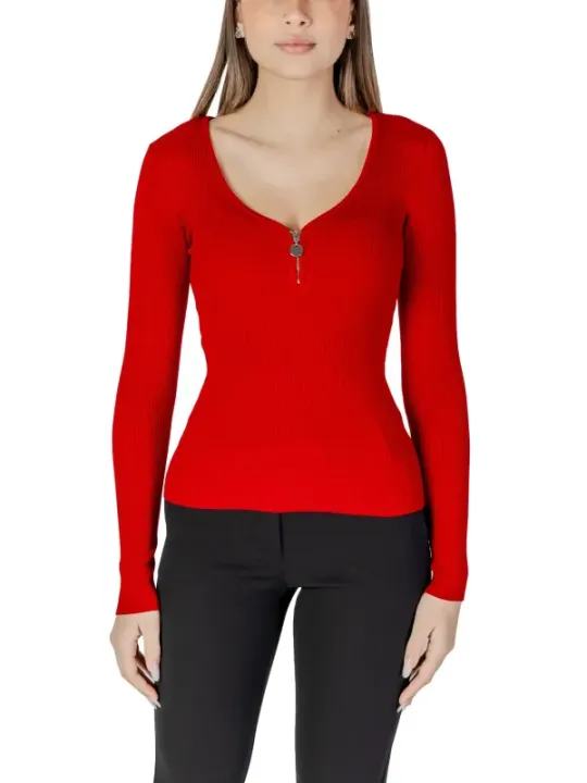 Roter V-Ausschnitt Reißverschluss Pullover Damen