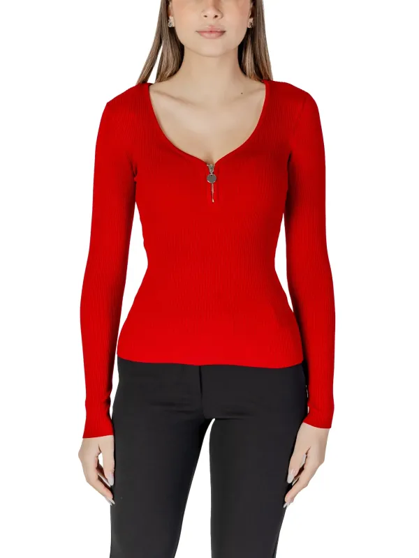 Roter V-Ausschnitt Reißverschluss Pullover Damen
