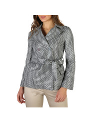 Graue und schwarze Damenjacke mit Gürtel