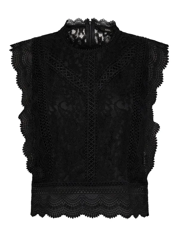 Schwarzes Spitzen-Tanktop mit Saum Schwarzes Spitzen-Tanktop mit Saum