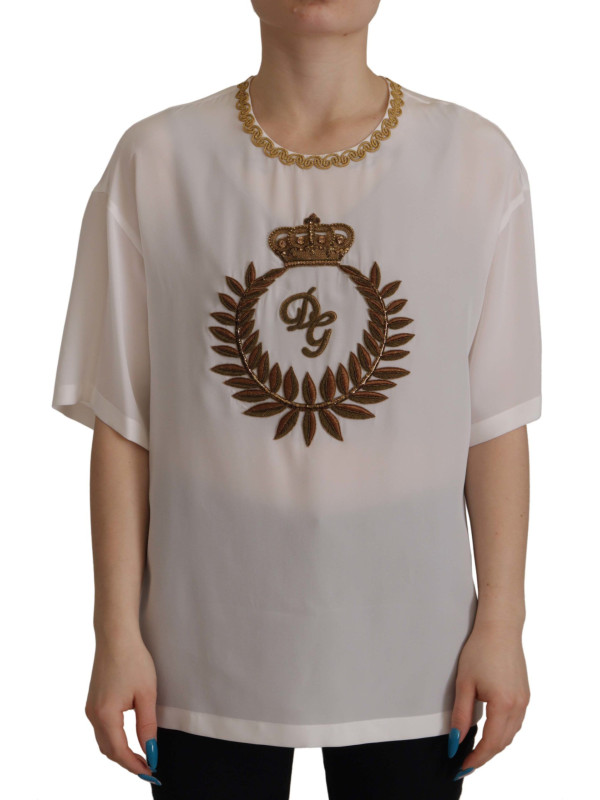 Tops & T-Shirts Elegant Silk Blouse with Gold Crown Embroidery 2.200,00 € 8057155654253 | Planet-Deluxe