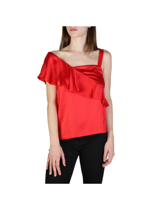 Rotes Satin-Oberteil mit Rüschen