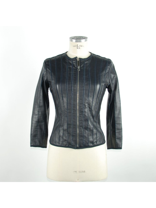 Jackets & Coats Elegant Blue Leather Jacket - Slim Fit Chic 560,00 € 8050246662328 | Planet-Deluxe