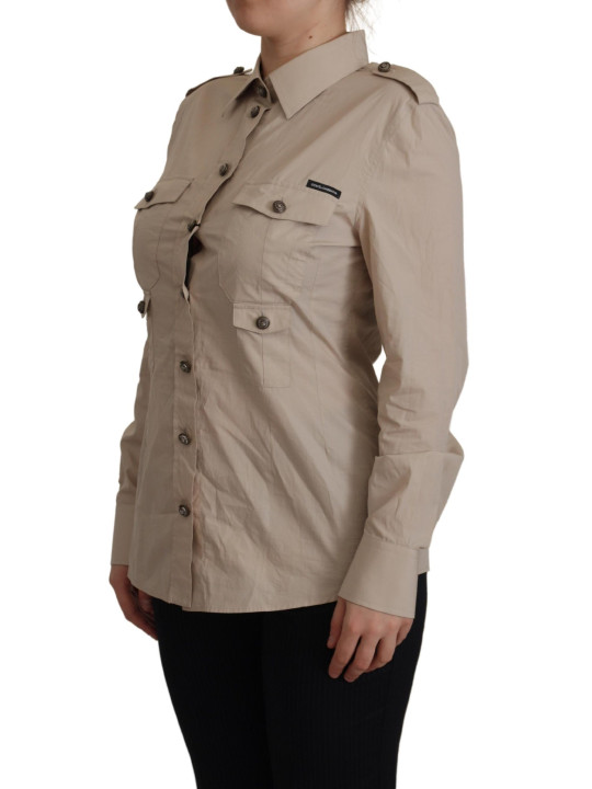 Tops & T-Shirts Elegant Beige Cotton Long Sleeve Shirt 920,00 € 8050249422875 | Planet-Deluxe