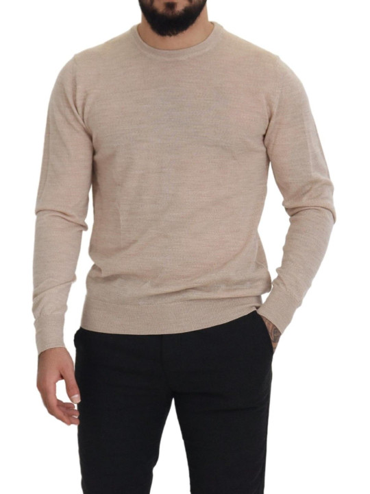 Sweaters Elegant Beige Crewneck Wool Sweater 1.200,00 € 8052145425882 | Planet-Deluxe