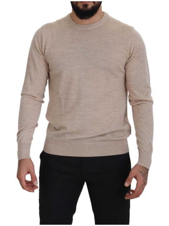 Sweaters Elegant Beige Crewneck Wool Sweater 1.200,00 € 8052145425882 | Planet-Deluxe