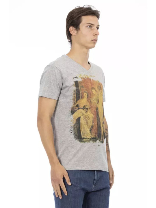 T-Shirts Elegant Gray V-neck Tee with Front Print 60,00 € 8056641274661 | Planet-Deluxe