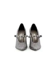 Silberne Glitzer-Riemchenschuhe mit niedrigem Absatz