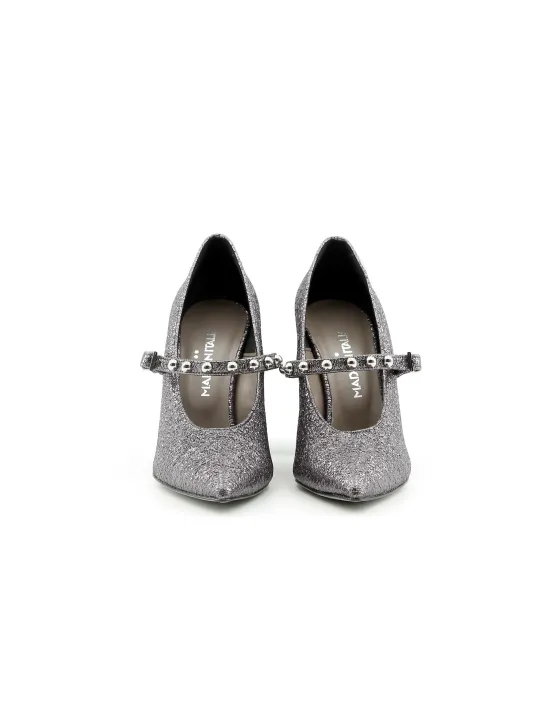 Silberne Glitzer-Riemchenschuhe mit niedrigem Absatz