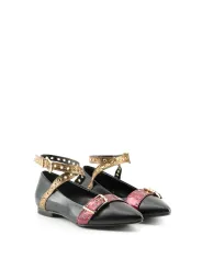 Schwarze Leder Ballerinas mit Schnalle