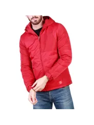 Rote, gepolsterte Jacke mit Kapuze