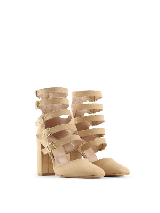 Beige Leder Stiefel mit Absatz