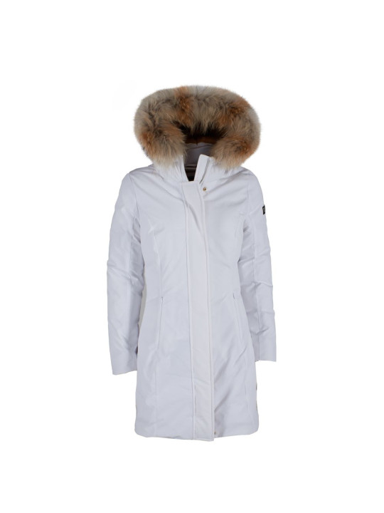 Jackets & Coats Chic White Down Jacket with Fur-Trimmed Hood 600,00 € 8050246662434 | Planet-Deluxe