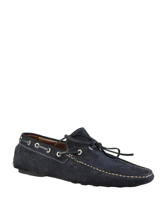 Blaue Wildleder-Loafer mit weißen Nähten