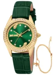 "Just Cavalli Uhren im Sale | Just Cavalli Damen Grün Gold Uhr mit Kristallen und Lederarmband online kaufen"|Planet-Deluxe