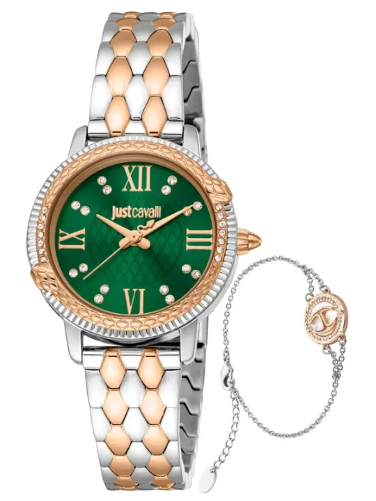 "Just Cavalli Uhren im Sale | Just Cavalli Damenarmbanduhr Grau Grün Zifferblatt Edelstahl 30mm online kaufen"|Planet-Deluxe