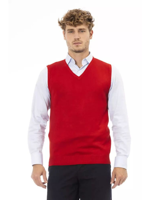Vests Elegant V-Neck Red Vest in Fine Rib Knit 230,00 € 8100002690154 | Planet-Deluxe