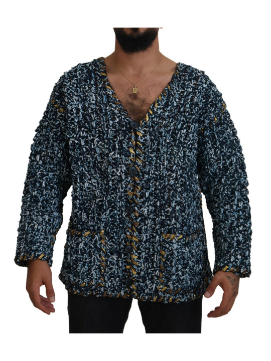 Sweaters Elegant Blue V-Neck Cardigan Sweater 9.160,00 € 8057142012585 | Planet-Deluxe