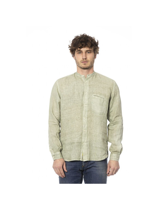 Shirts Elegant Green Linen Shirt with Mandarin Collar 260,00 € 2000052077102 | Planet-Deluxe