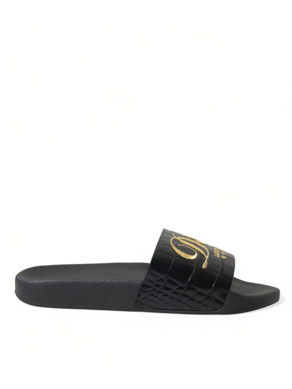 Sandals Elegant Black and Gold Leather Slides 880,00 € 8057001960385 | Planet-Deluxe