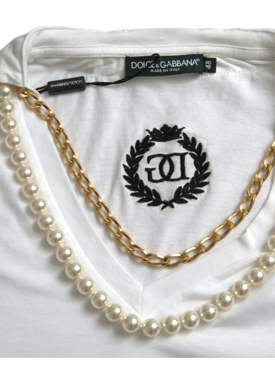 Tops & T-Shirts Elegant White Cotton Tee with Necklace Detail 2.830,00 € 8057155340217 | Planet-Deluxe