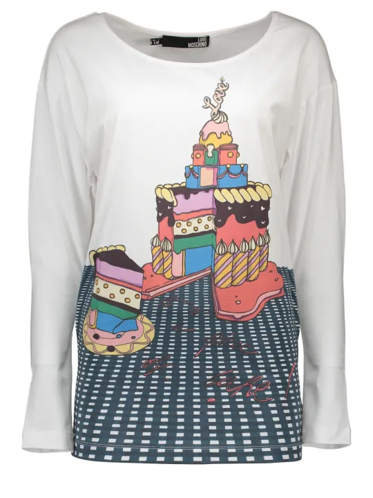 "Love Moschino T-Shirts im Sale | Verspieltes Love Moschino Langarmshirt mit Torten-Print in Weiß online kaufen"|Planet-Deluxe